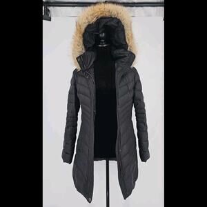 Andrew Marc Marley Down Feather Quilted Bib Hooded Faux Fur Trim Puffer Coat